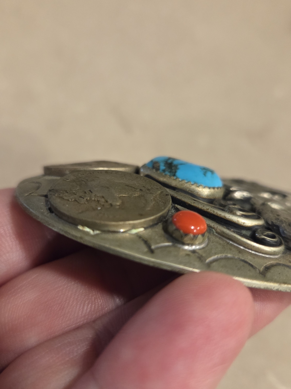 Vintage Navajo Silver Turquoise & Coral Belt Buckle By, Squaw Wrap - Picture 6 of 11